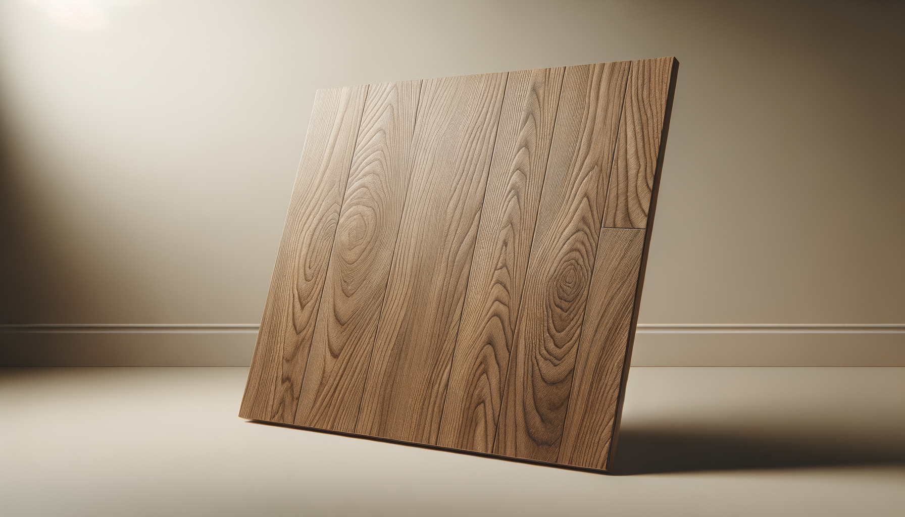 A wooden plank leaning against a wall with a plain, light-colored background.