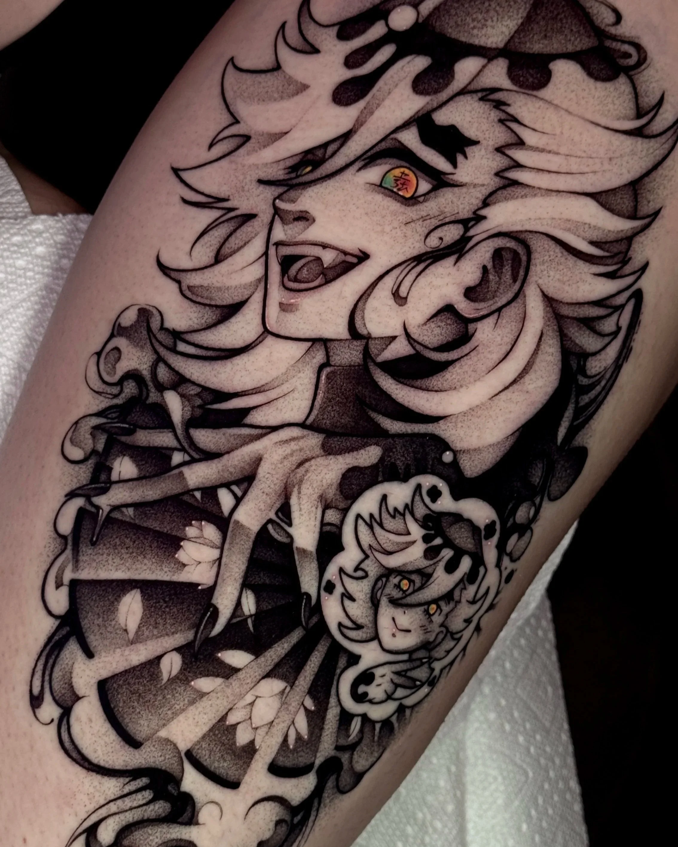 Doma Upper Moon Demon Black and Gray Tattoo with Orange Eyes by XQ.INK
