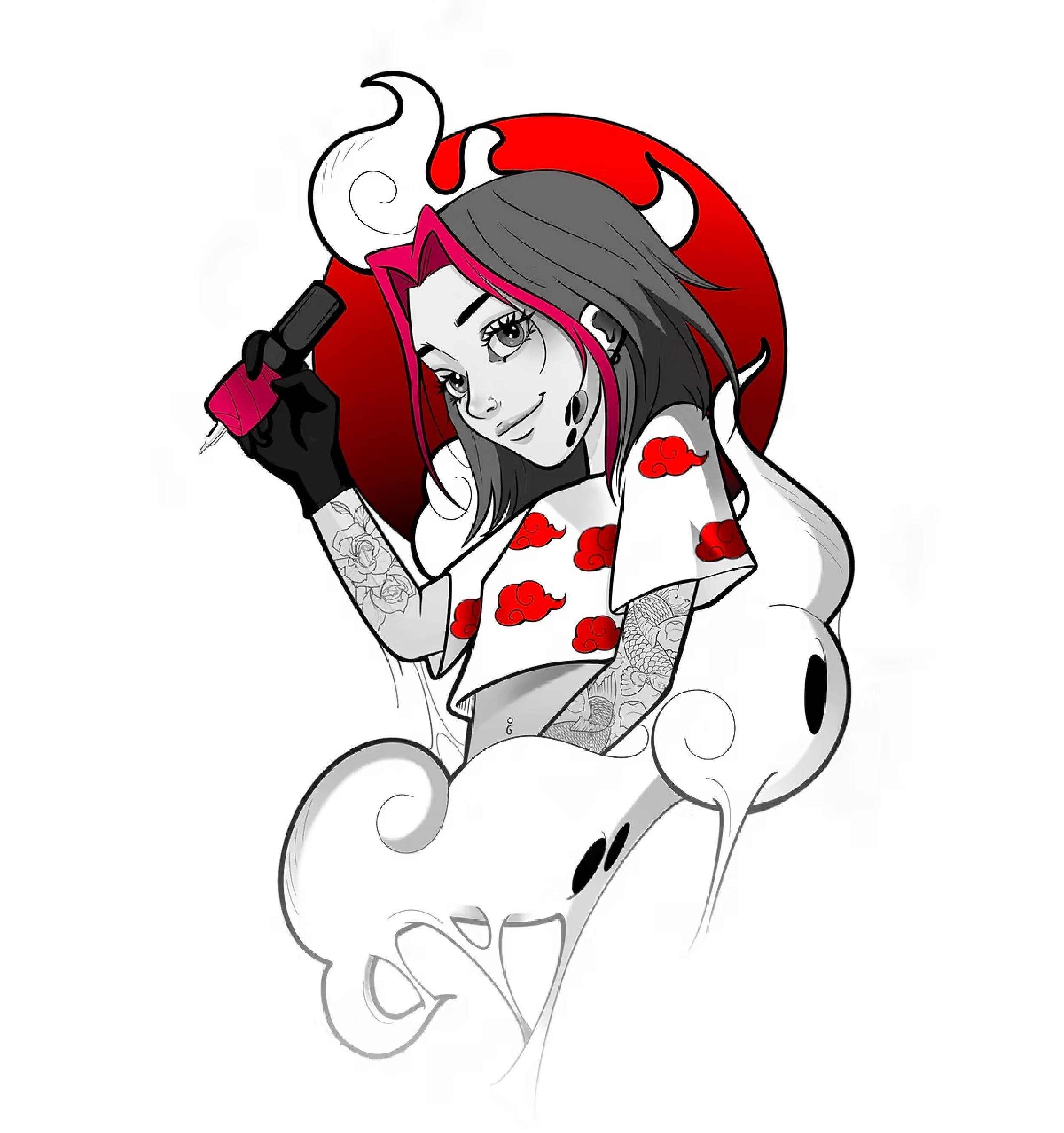 XQ.INK Logo - Black and Gray illustration with a tattooed girl holding a tattoo machine