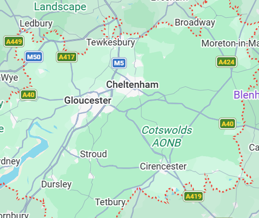 Map of Gloucestershire -- Gloucester, Cheltenham, Cirencester, Tetbury, Stroud
