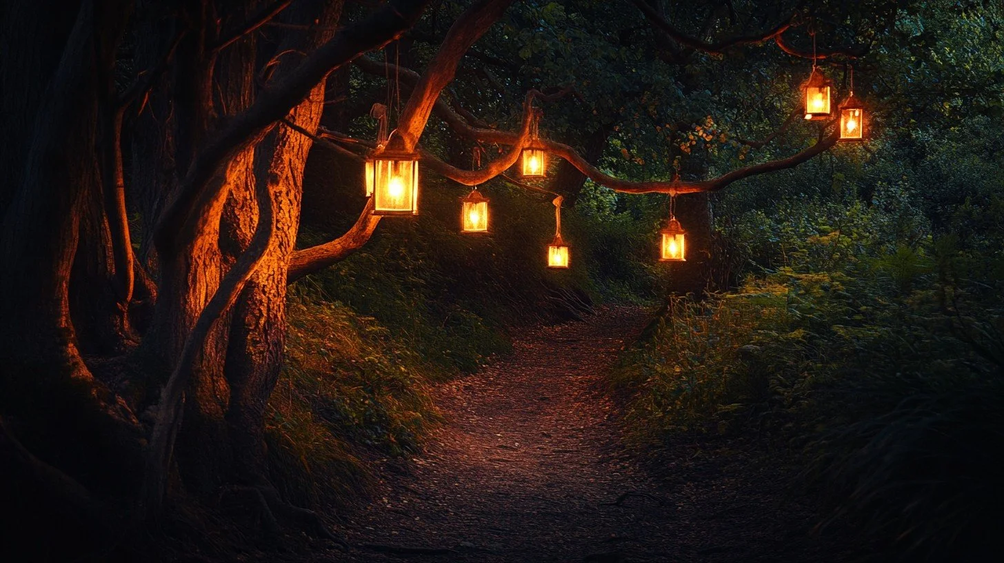 Nighttime forest scene with a dirt path and tree branches decorated with hanging lanterns emitting warm light.