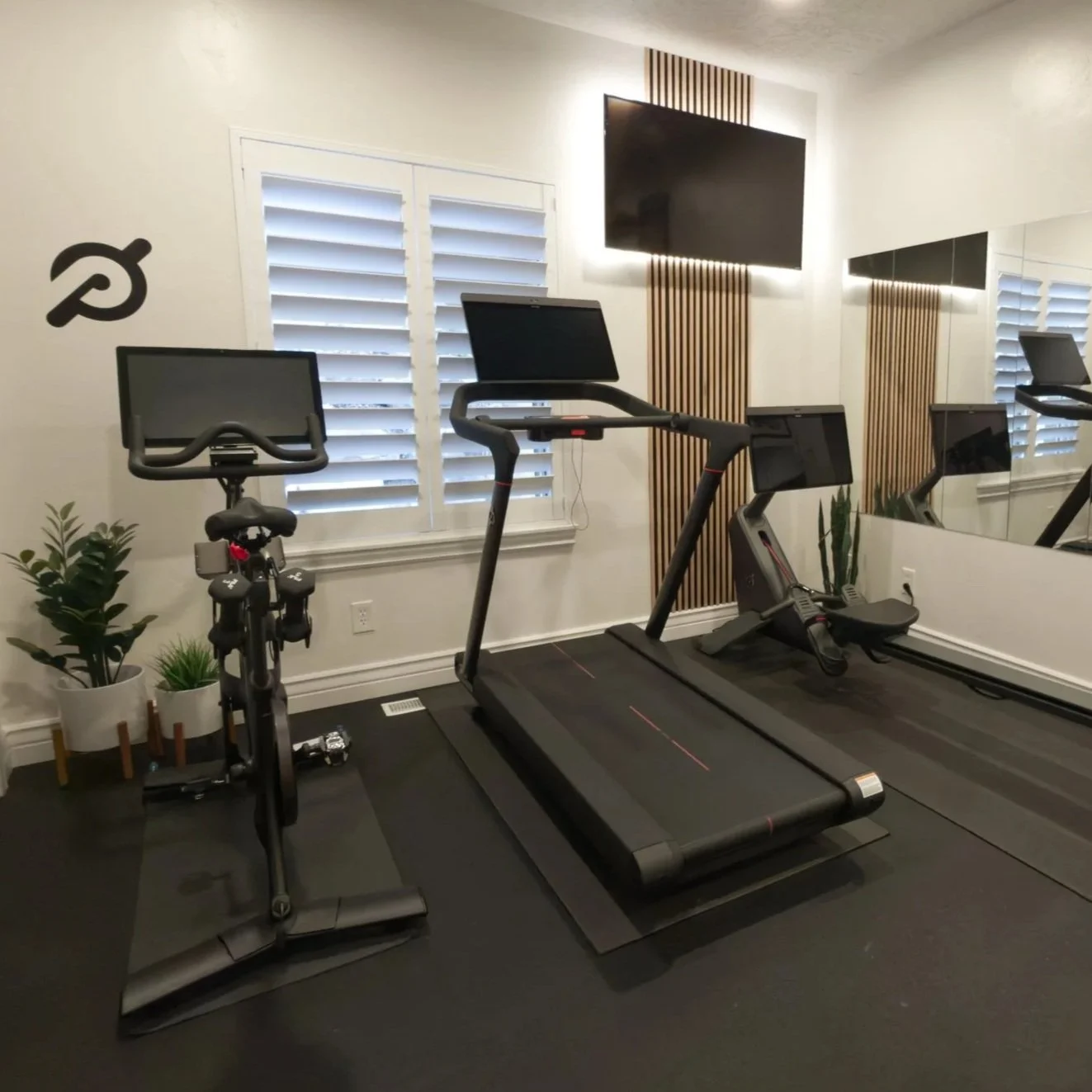 Custom decorated home gym in Salt Lake City, UT with treadmill, exercise bike, and elliptical machine, two potted plants, white window shutters, stripe wooden wall decorations, and a flat-screen TV on the wall.
