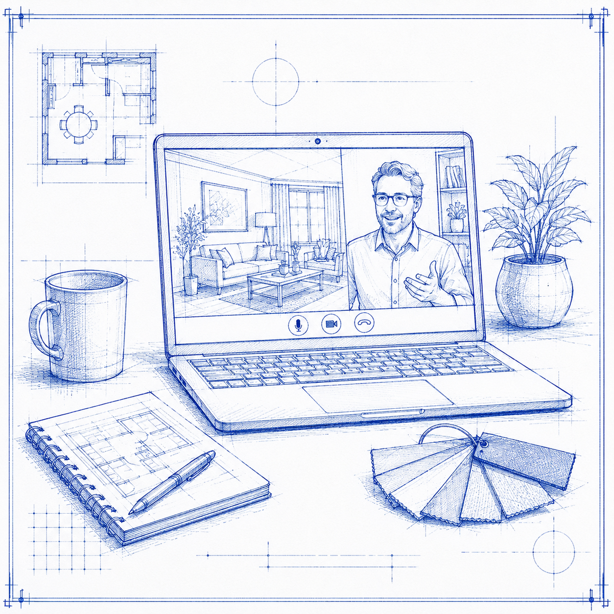 Virtual, fully online interior design. A blueprint image depicting a video call as part of the virtual interior design process. 