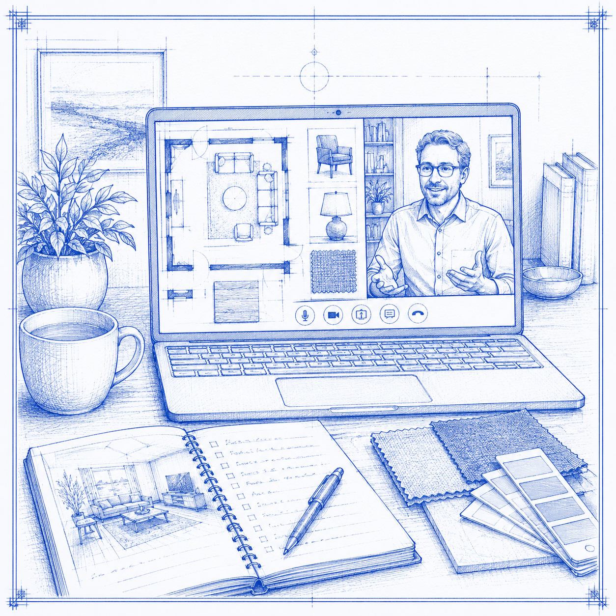 An architectural sketch of an interior design workspace. Digital interior design is fast and effective. 