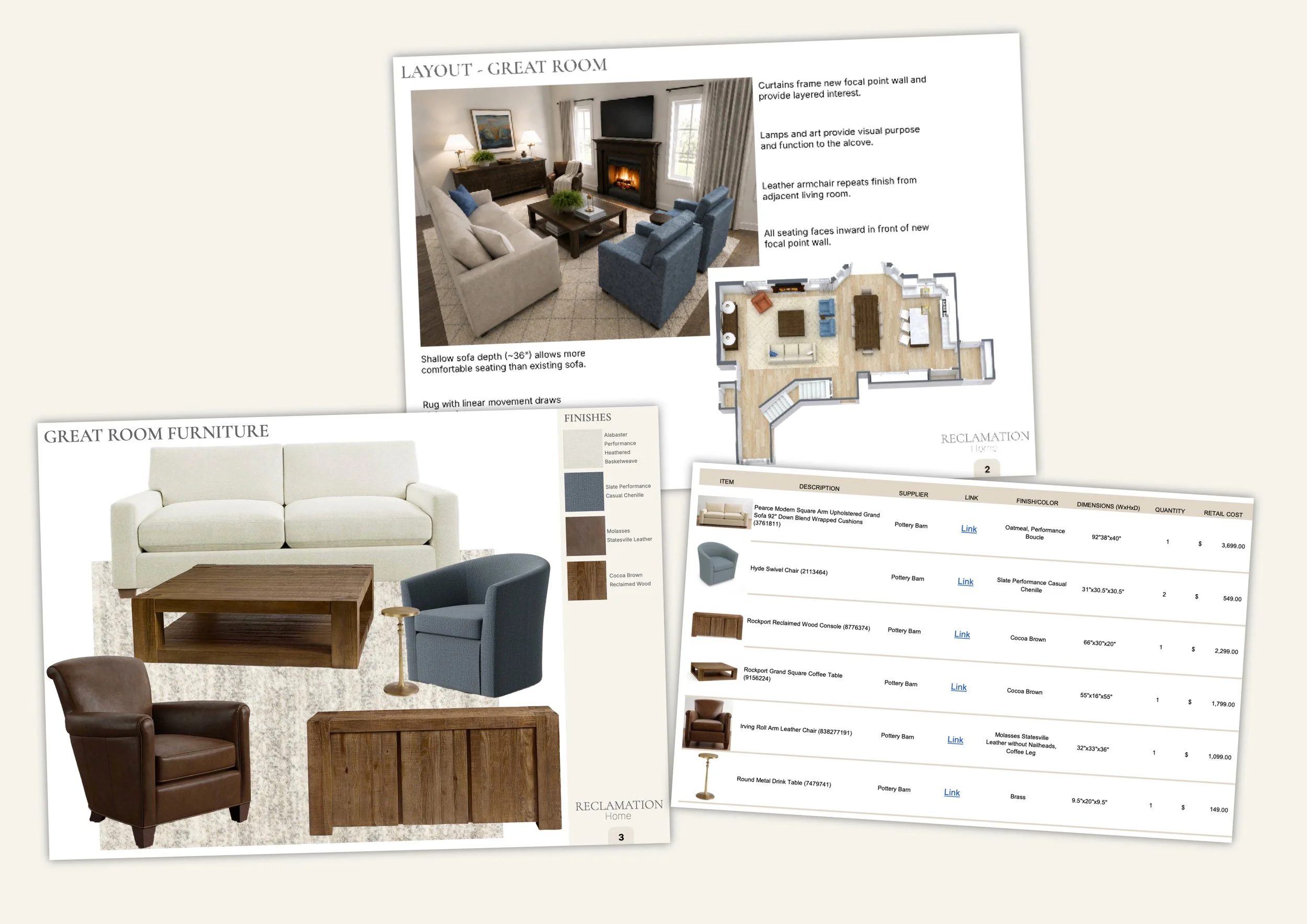 A collection of furniture design plans, including a great room with a fireplace, a layout diagram, and various furniture samples like sofas and chairs.