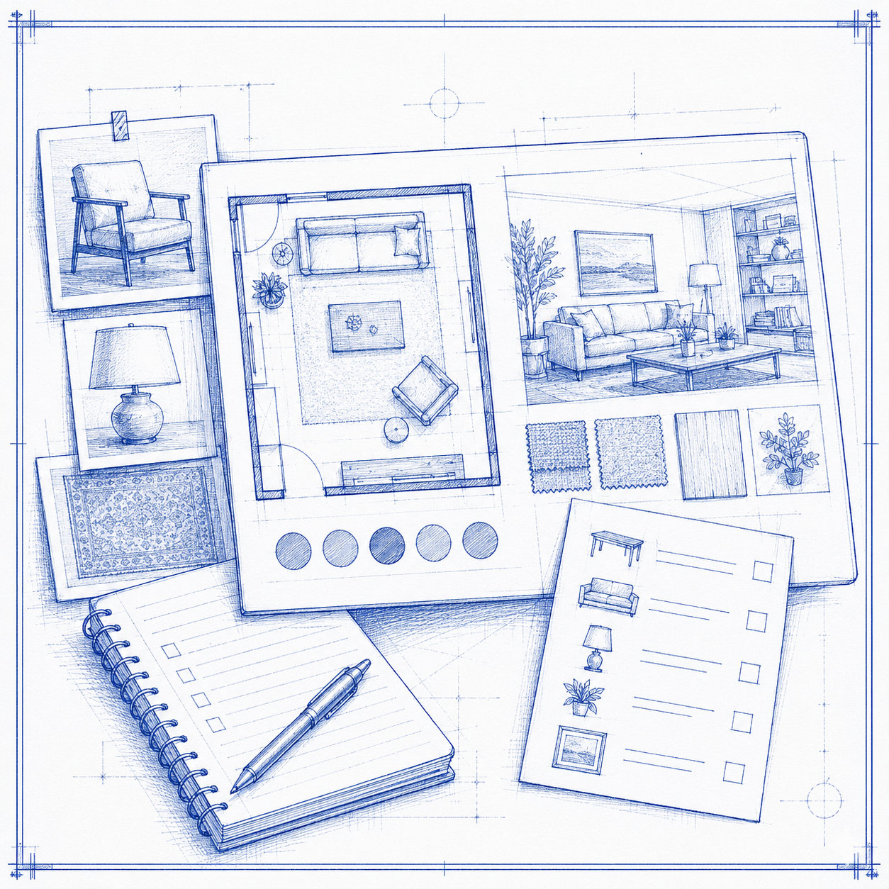 Blueprint drawing of a living room interior design, showing furniture, decor, and room layout sketches, all part of the virtual interior design offering.