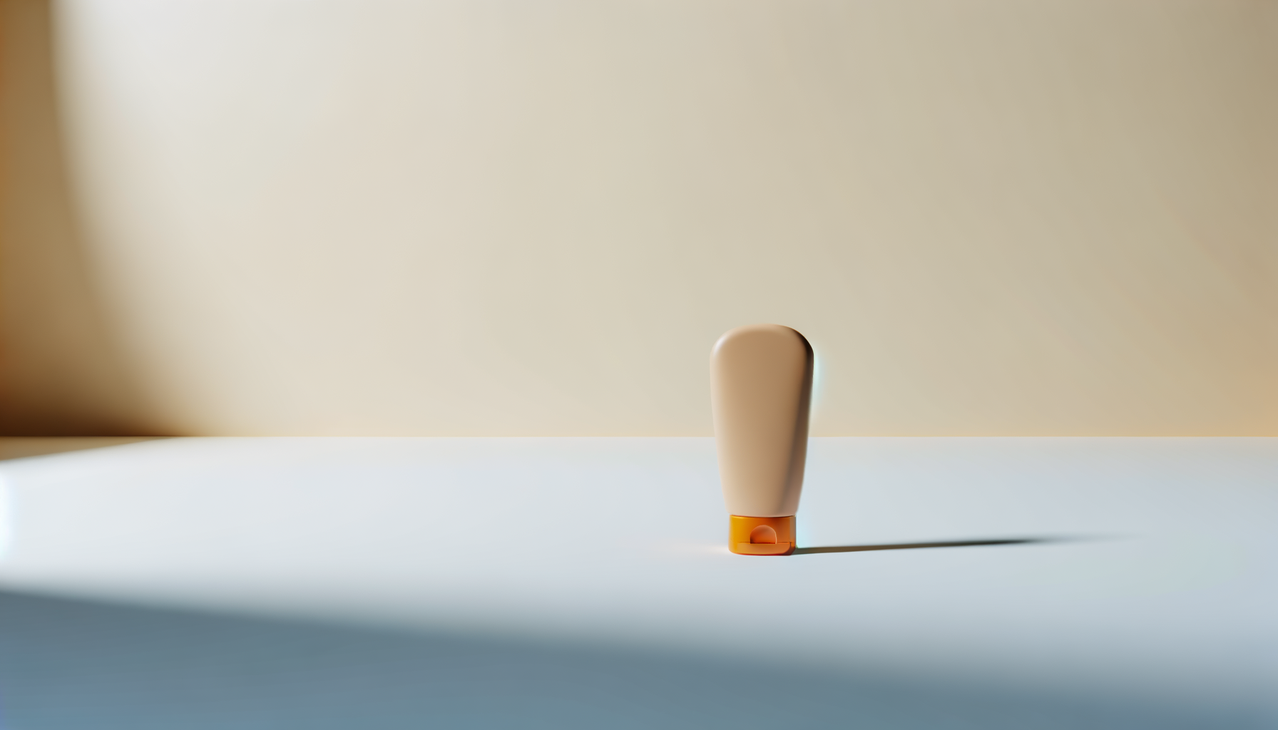 A white glue stick standing on a white surface with light shadows and a plain beige background.