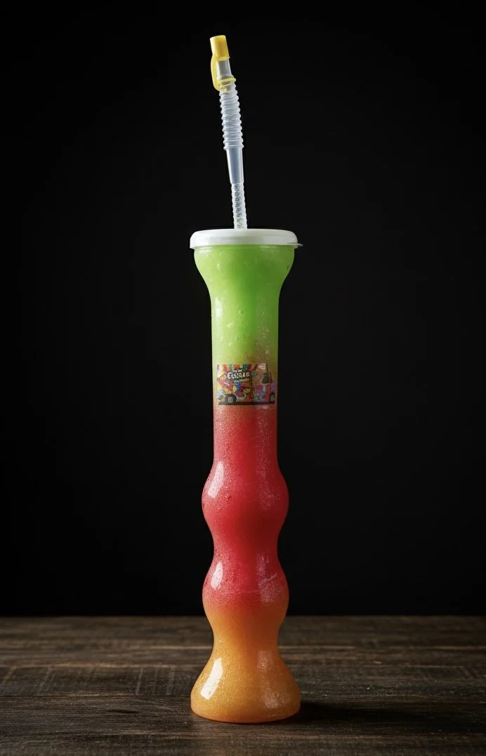 Colorful layered frozen drink in a tall, curvy glass with a straw on a wooden surface against a black background.