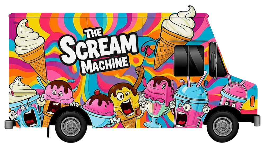 Colorful ice cream truck with cartoon ice cream characters and the words "The Scream Machine" on the side.
