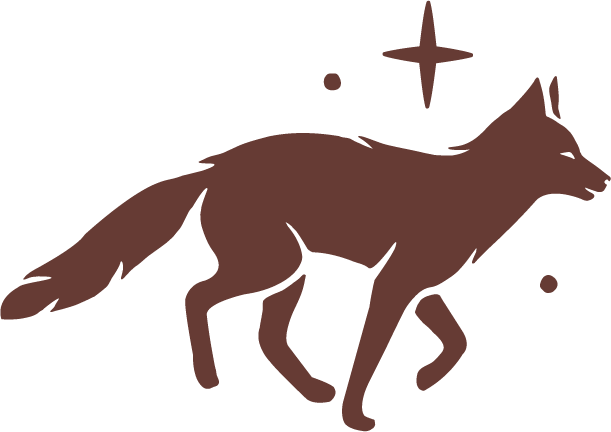 Stylized brown fox with stars and planets around it on a black background
