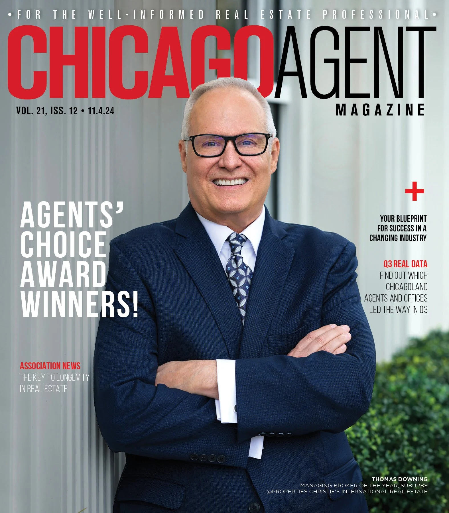 Cover of Chicago Agent Magazine featuring a smiling man in a blue suit and glasses, standing outdoors with arms crossed.