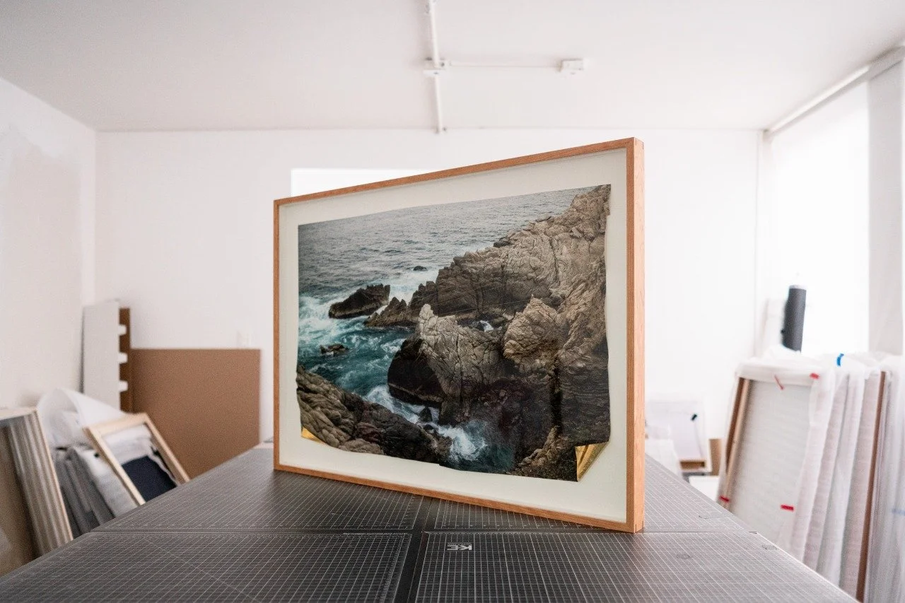 From the Umbral series, 2019. 70x100cm. Giclée on photographic rice paper intervened with folds, metal pins and golden film.