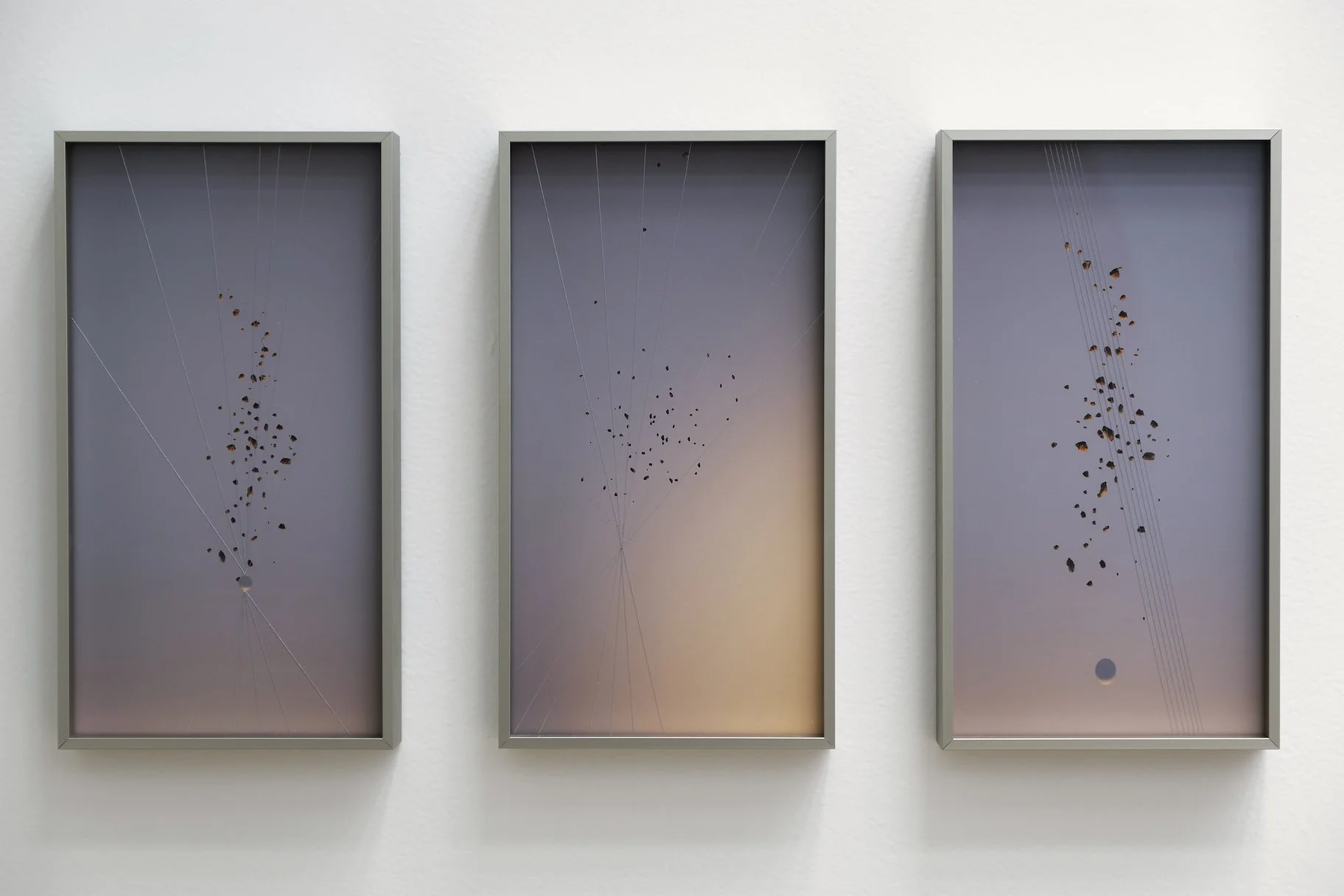 Murmullo, 2021. 16.5x30.5 cm each. Giclée on cotton paper, intervened with thread embroidery. Landscapes made on Unreal Engine.