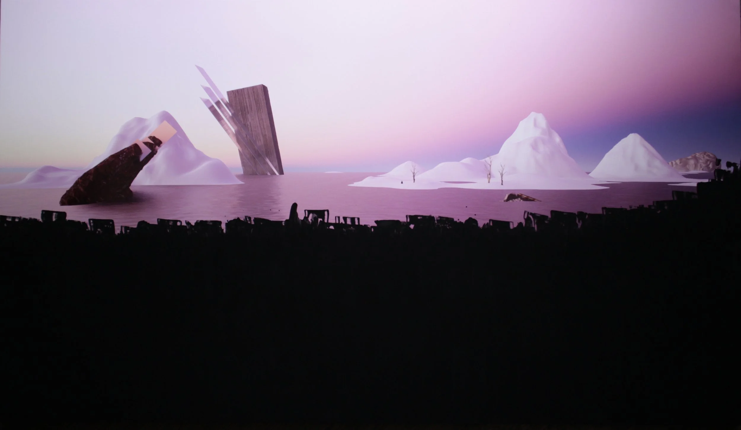 fin/sin/fin, 2021.  Giclée on paper (TECCO iridium silver gloss), intervened with ultra black acrylic paint. Landscape made on Unreal Engine.