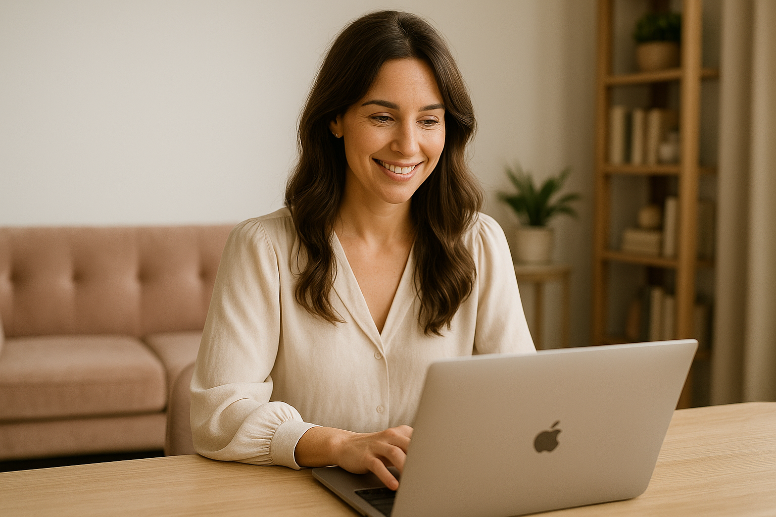 A woman with long brown hair smiling while working on a silver MacBook laptop at a wooden table in a cozy room with a pink sofa and wooden bookshelf in the background.