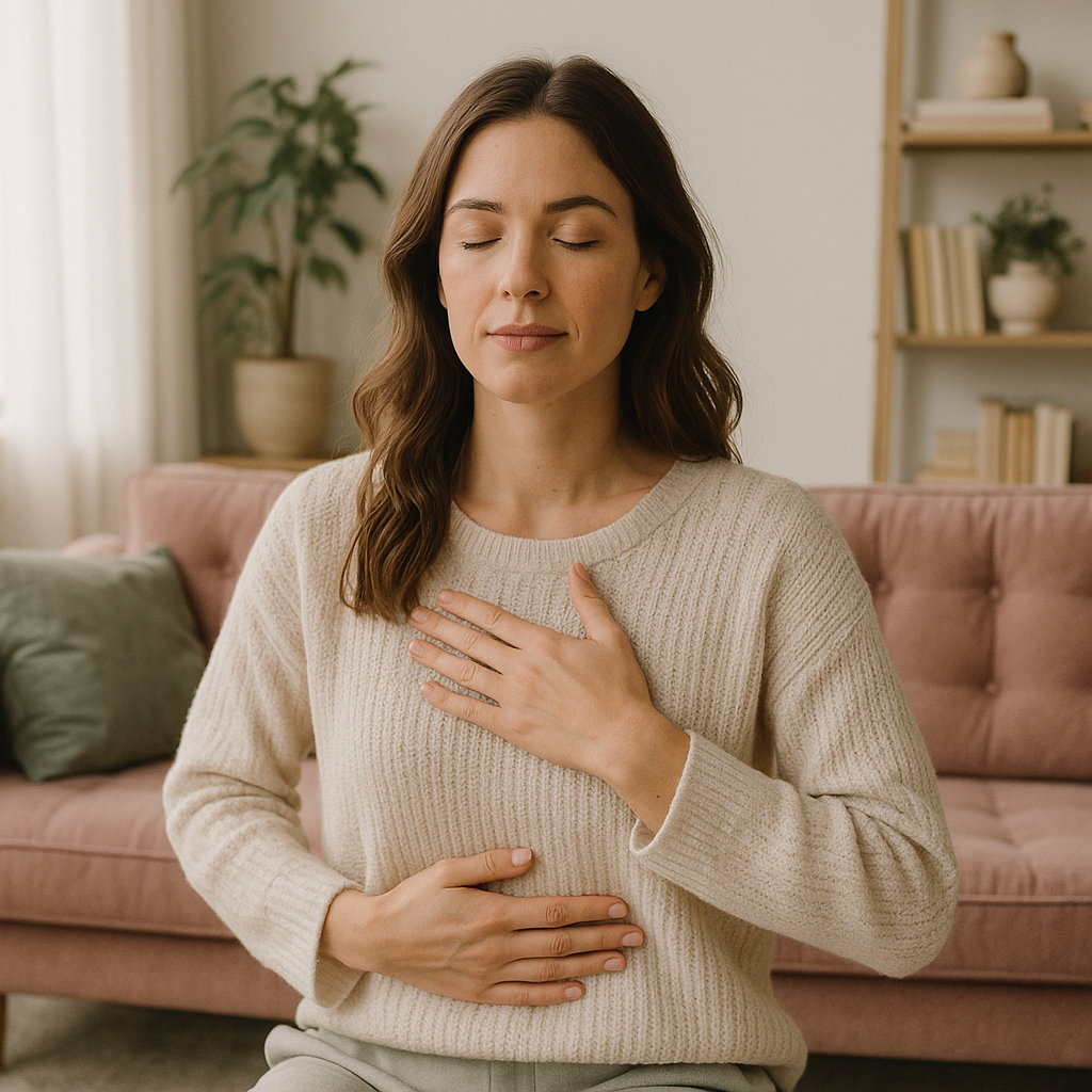 A woman with brown hair and closed eyes, wearing a beige sweater, is holding her chest and stomach area suggesting she may be experiencing discomfort. She is seated in a cozy living room with a pink sofa, green pillows, a potted plant, and a bookshelf in the background.