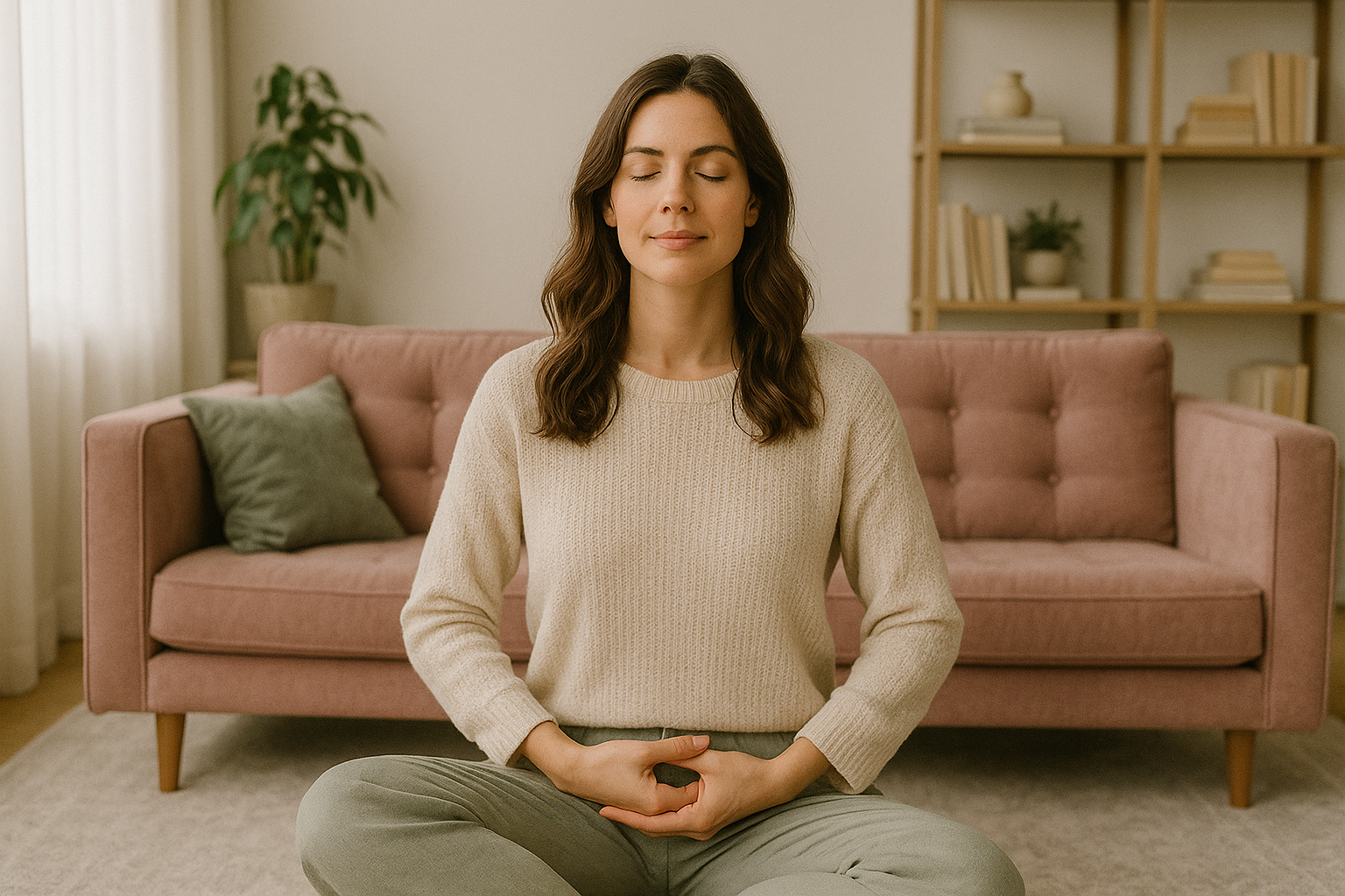 A woman sitting cross-legged on a carpeted floor, meditating with eyes closed in a cozy living room with a pink sofa, green pillow, and a bookshelf in the background.
