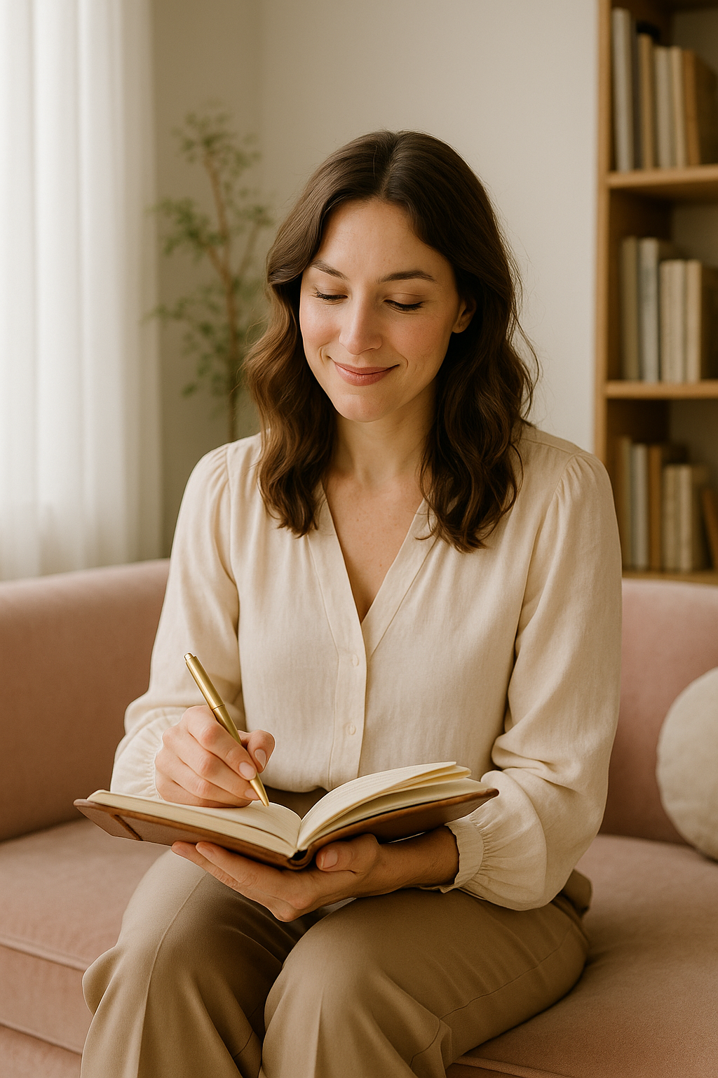 A woman with long brown hair, wearing a beige blouse and beige pants, sitting on a pink couch, smiling, holding a gold pen and writing in an open notebook, with a bookshelf in the background.