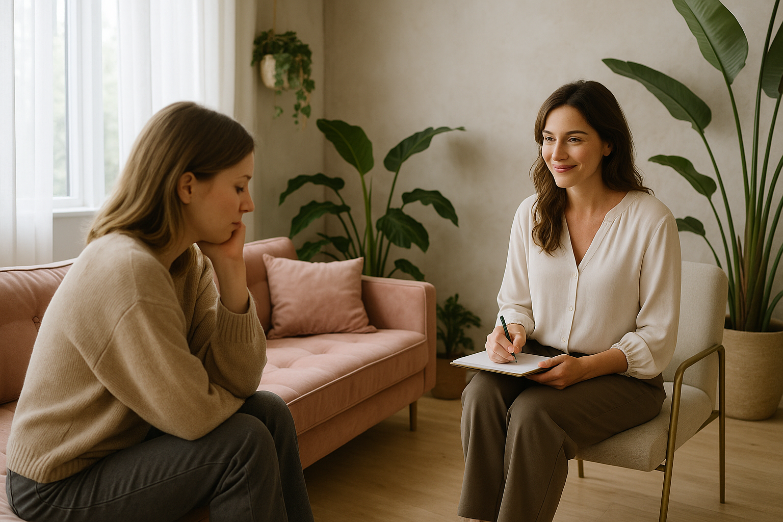 A woman has a therapy session with a woman therapist in a cozy living room with plants and a pink couch.