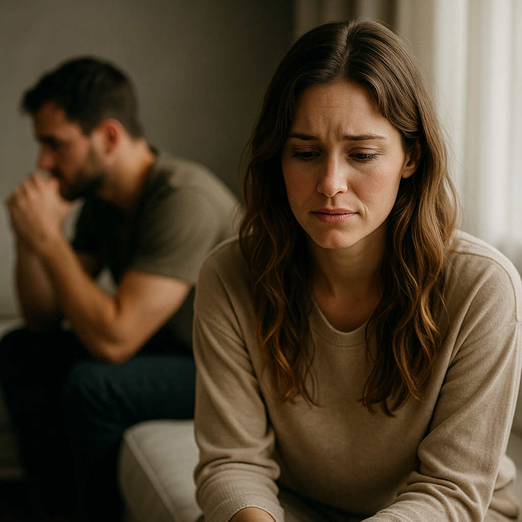 A woman sitting on a couch with a distressed expression, her eyes downcast, and a man in the background with eyes closed and head resting on his hand, appearing upset.