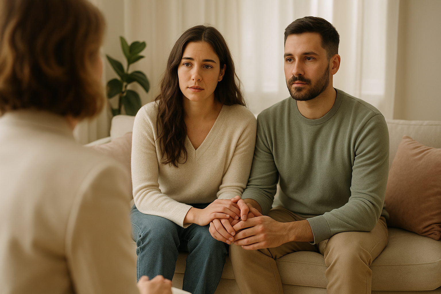 A young woman and a young man sit close together on a beige sofa, holding hands and listening attentively to a woman with shoulder-length hair, who is partially visible. The setting appears to be a counseling or therapy session in a cozy, well-lit living room.