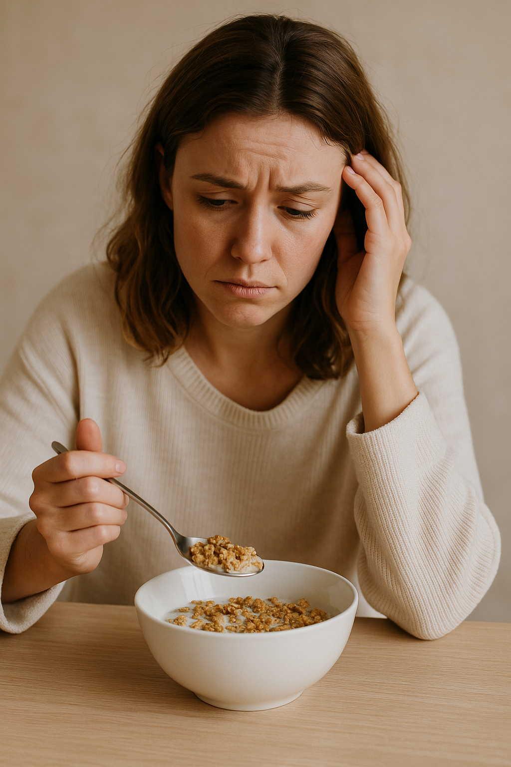 A woman with brown hair and a beige sweater looks concerned while holding her head with one hand and a spoonful of cereal over a white bowl of cereal on a wooden table.