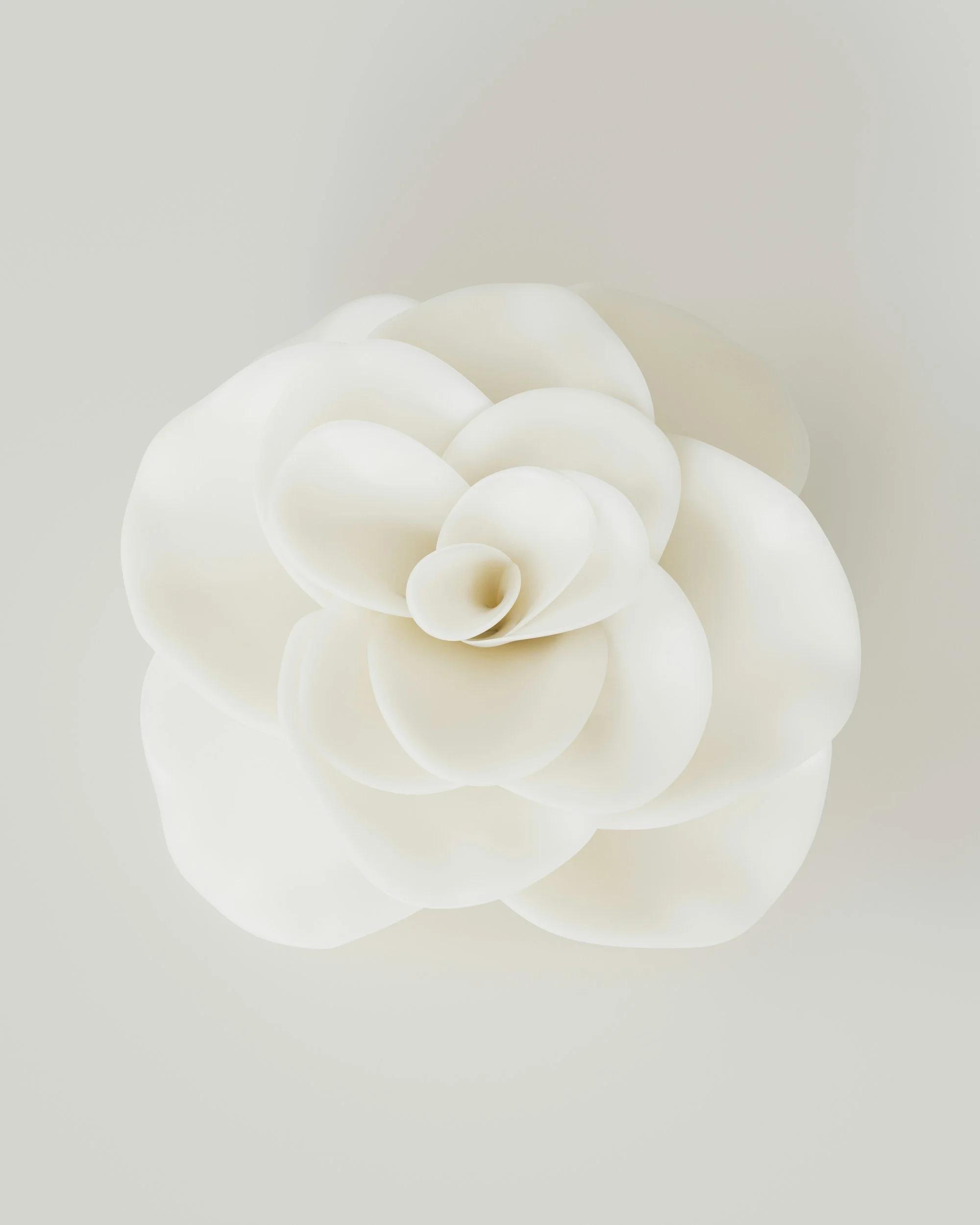 A white, abstract, floral-shaped sculpture with petal-like forms, reflected on a glossy surface.