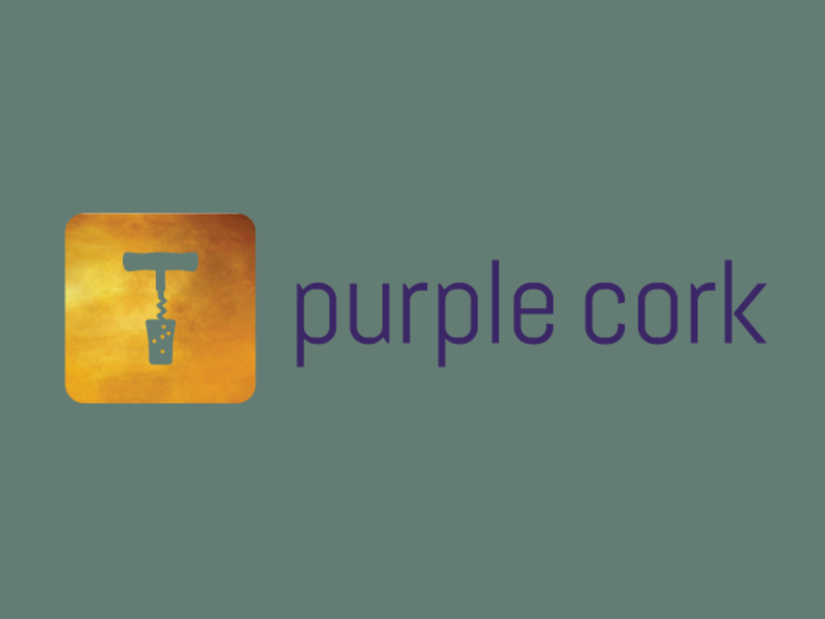 Logo with a corkscrew and a glass in a yellow square, next to the text 'purple cork' in purple letters on a gray background.