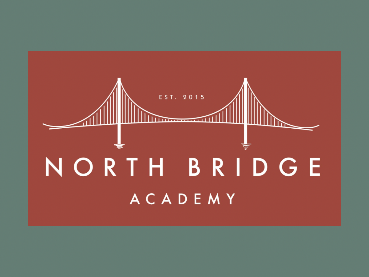 Logo for North Bridge Academy featuring a stylized white bridge illustration on a reddish-brown background, with 'Est. 2015' above, and the academy's name below.