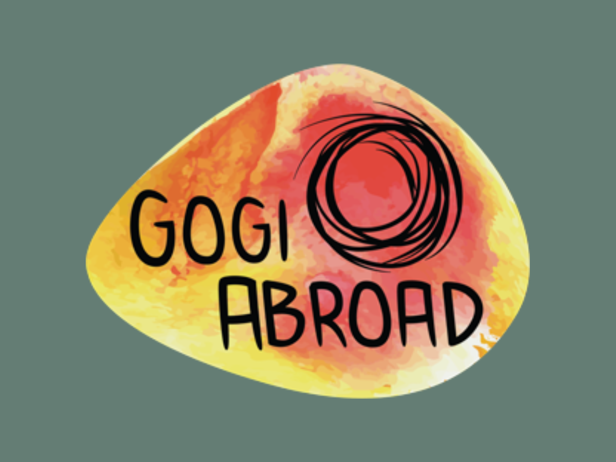 Watercolor logo with the text 'GOGI ABROAD' and a spiral symbol on a green background.