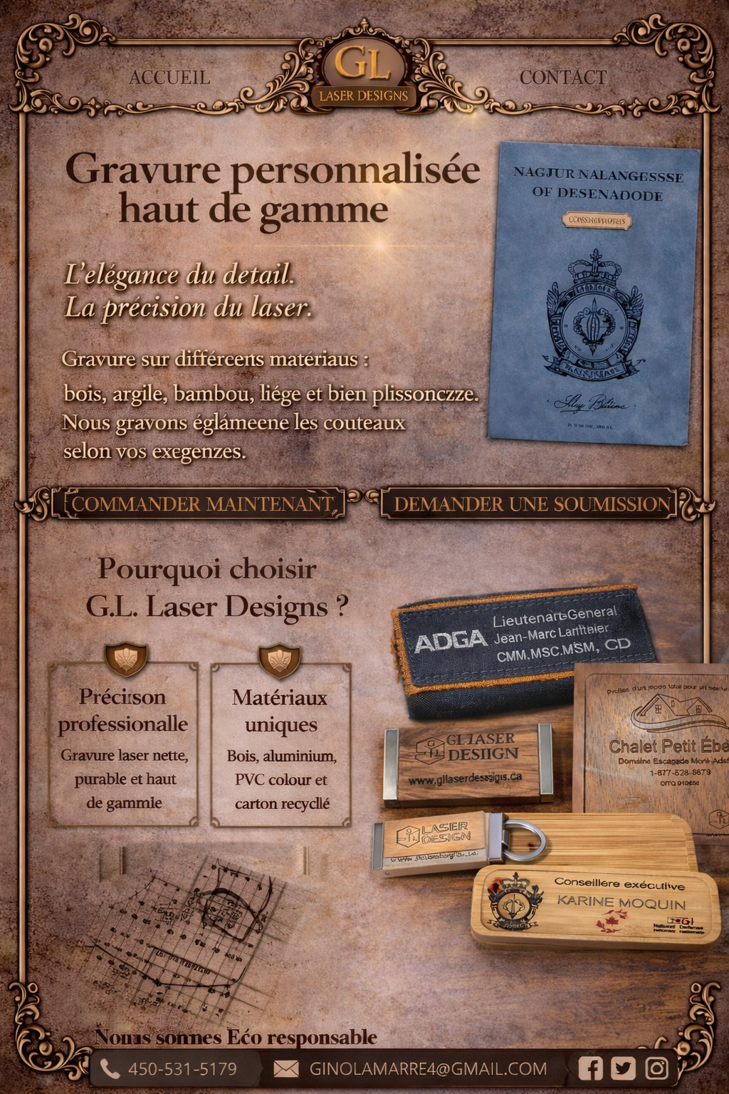 Carnets de luxe personnalisé sous-verre,écussons, porte-clés, portefeuilles, protège-cellulaires, tag en aluminium pour animaux, tasse à café en bambou et certificat sur mesure