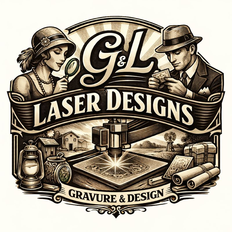 Illustration vintage de deux personnages, une femme avec une loupe et un homme avec de l'argent, entourée d'équipements de gravure, conception et design, avec le texte "G&L Laser Designs".