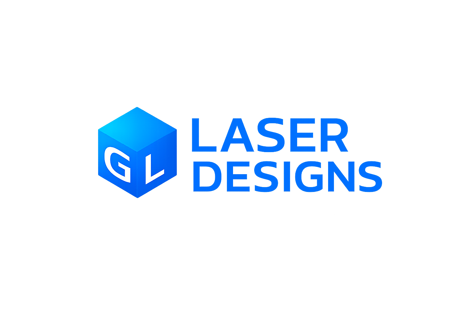 Logo en 3D avec un cube bleu contenant un G et un L blancs, et le texte "Laser Designs" en bleu lumineux à côté.