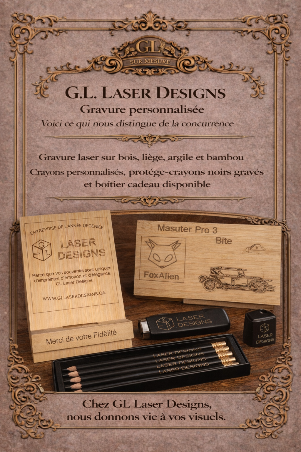 Gravure laser sur aluminium, bois, ardoise, cuivre et liège.