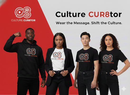 Four diverse individuals standing side by side, wearing black and white shirts with a logo and the text "Culture CUR8tor". The background is split with red on the left and gray on the right, and the slogan reads "Wear the Message. Shift the Culture."