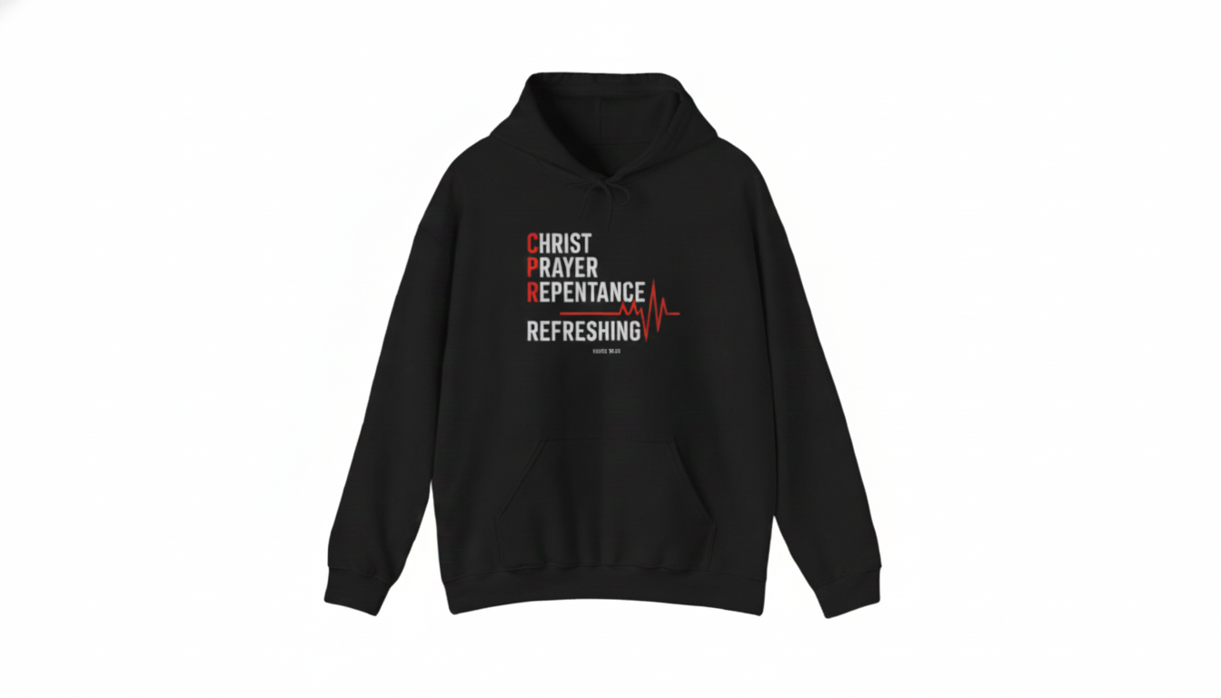 Black hoodie with red and white text reading 'Christ Prayer Repentance Refreshing' and a red heartbeat line graphic.