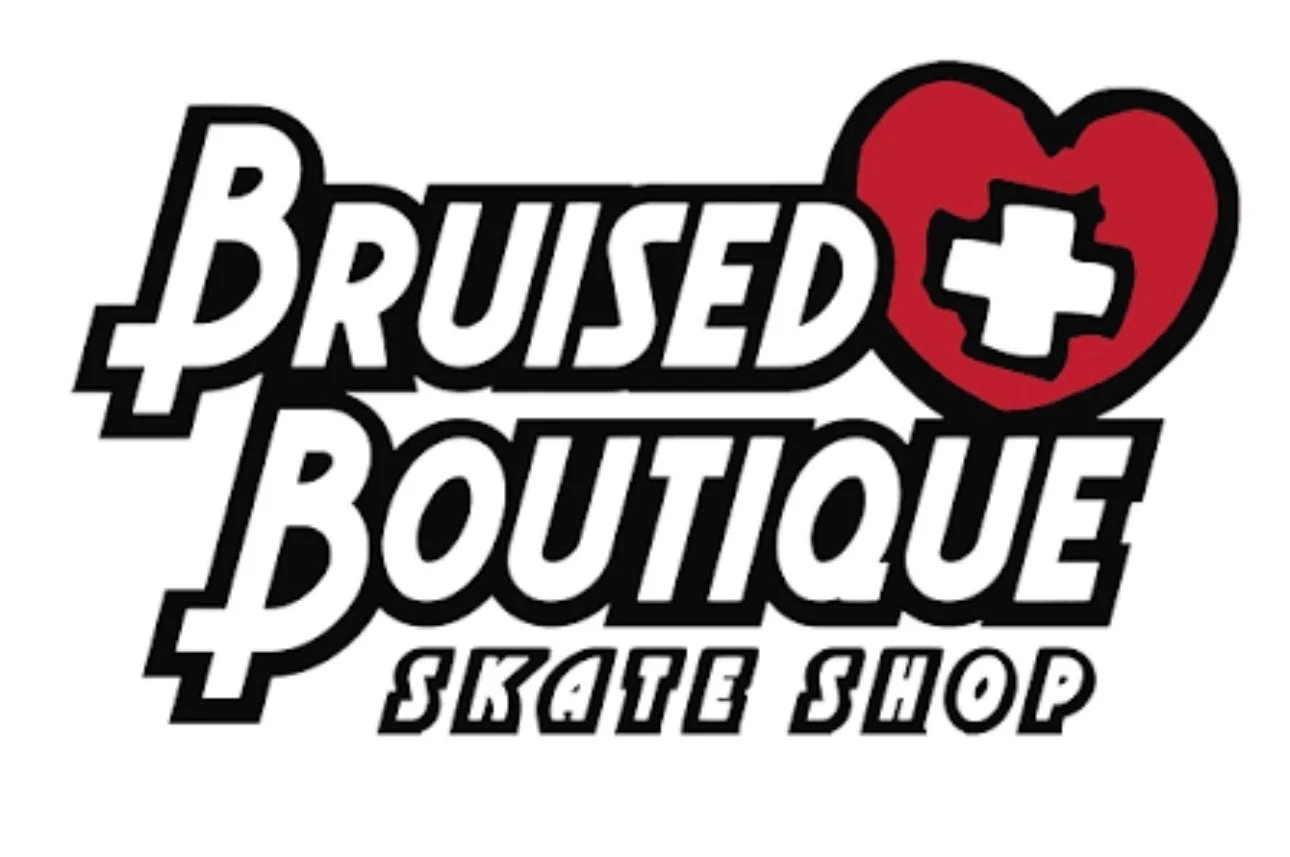 Logo for Bruised Boutique skate shop featuring stylized text with a broken heart and a medical cross