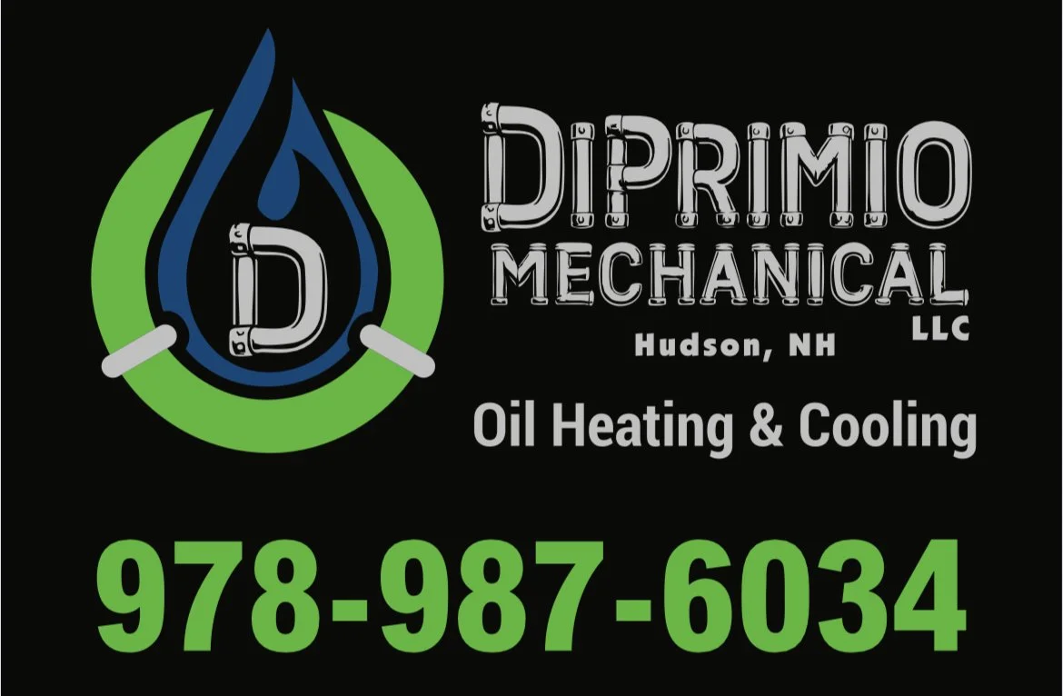 Logo for Diprimio Mechanical, an oil heating and cooling company in Hudson, NH, with a water droplet and pipe design, phone number 978-987-6034.