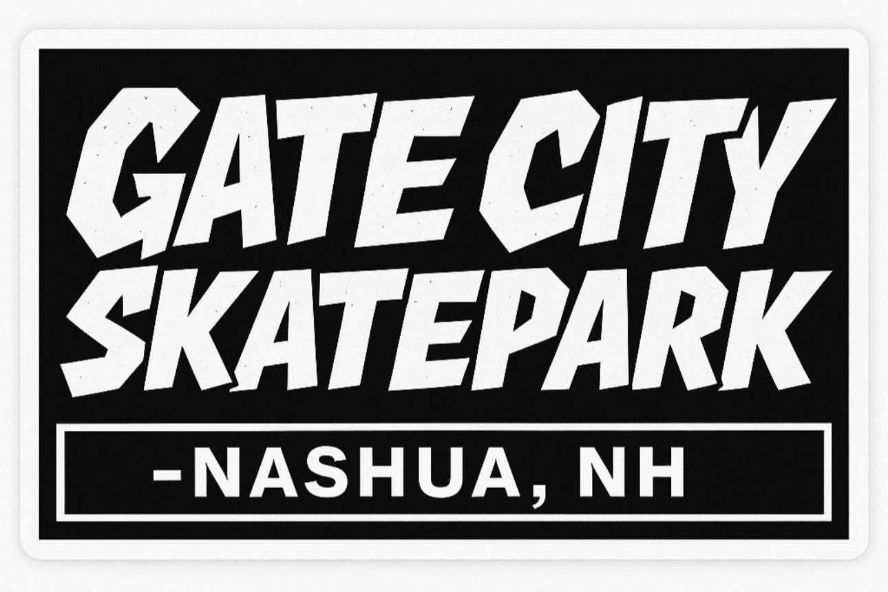 A black and white sticker that reads 'Gate City Skatepark - Nashua, NH' in bold, stylized font.