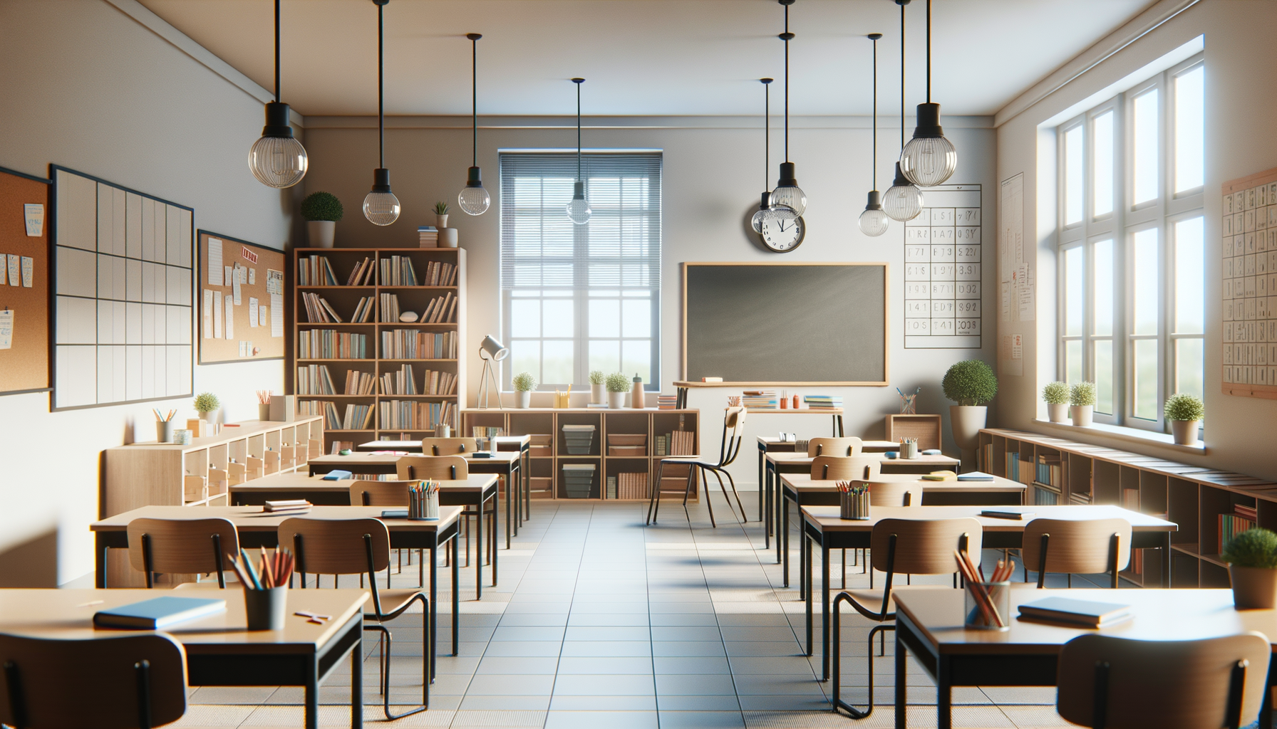 Bright and organized classroom with desks, chairs, bookshelves, a chalkboard, large windows letting in natural light, and plants.