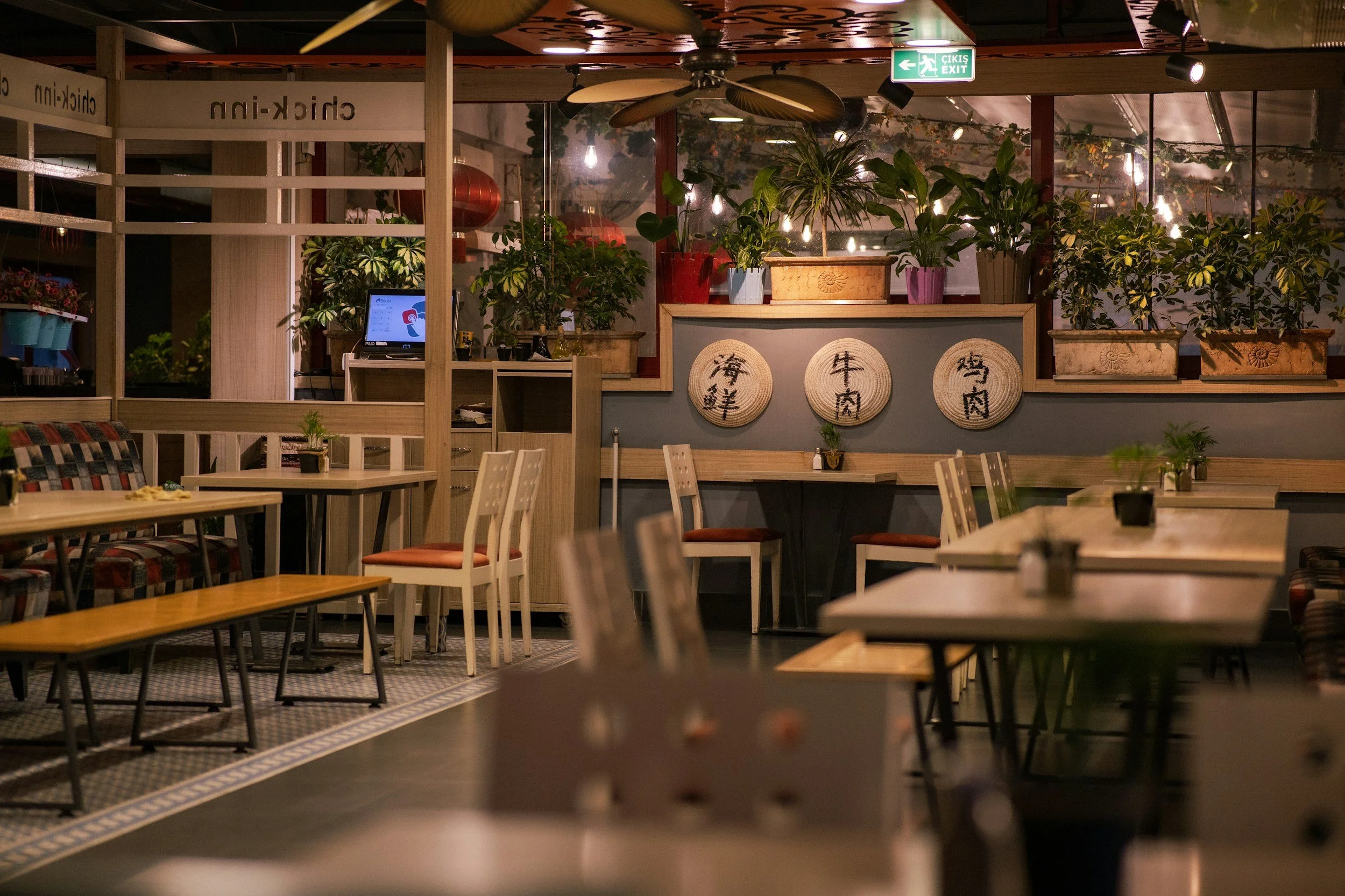 Interior of a cozy restaurant with wooden tables and chairs, potted plants on shelves, traditional Asian wall decor, and warm lighting.