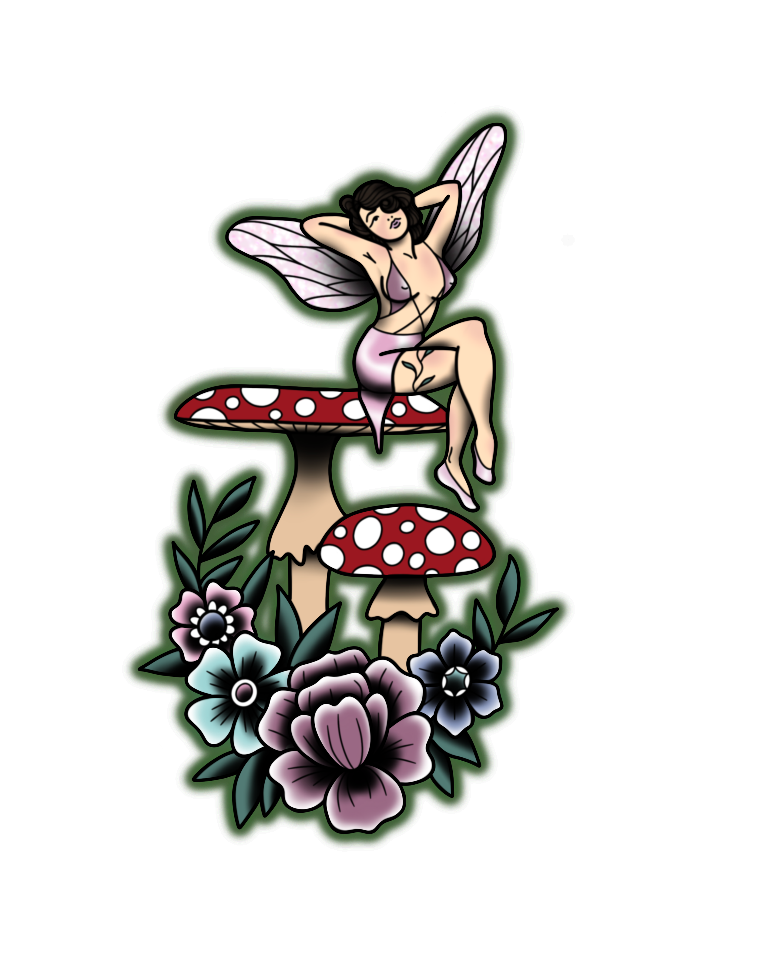 A tattoo-style illustration of a fairy with butterfly wings sitting on a red and white mushroom, surrounded by flowers and foliage.