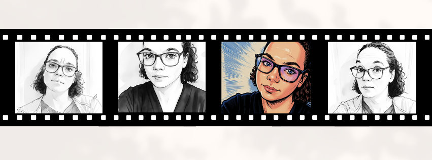 A strip of four movie-style photographs of a woman with glasses and curly hair, with the third photo edited as a cartoon or digital painting.
