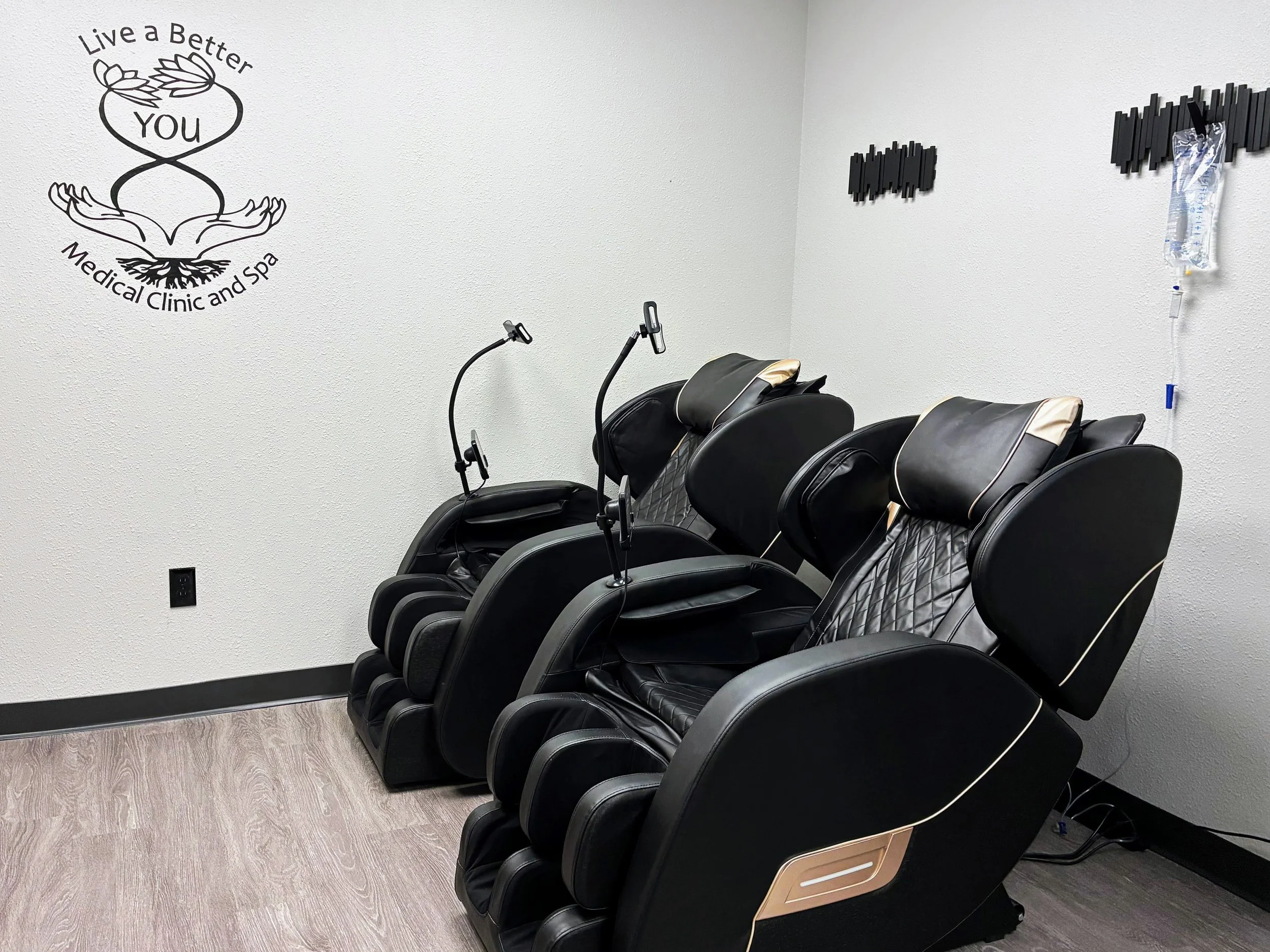 Massage chairs where patients receive IV therapy at Live a Better You Medical Clinic and Spa.