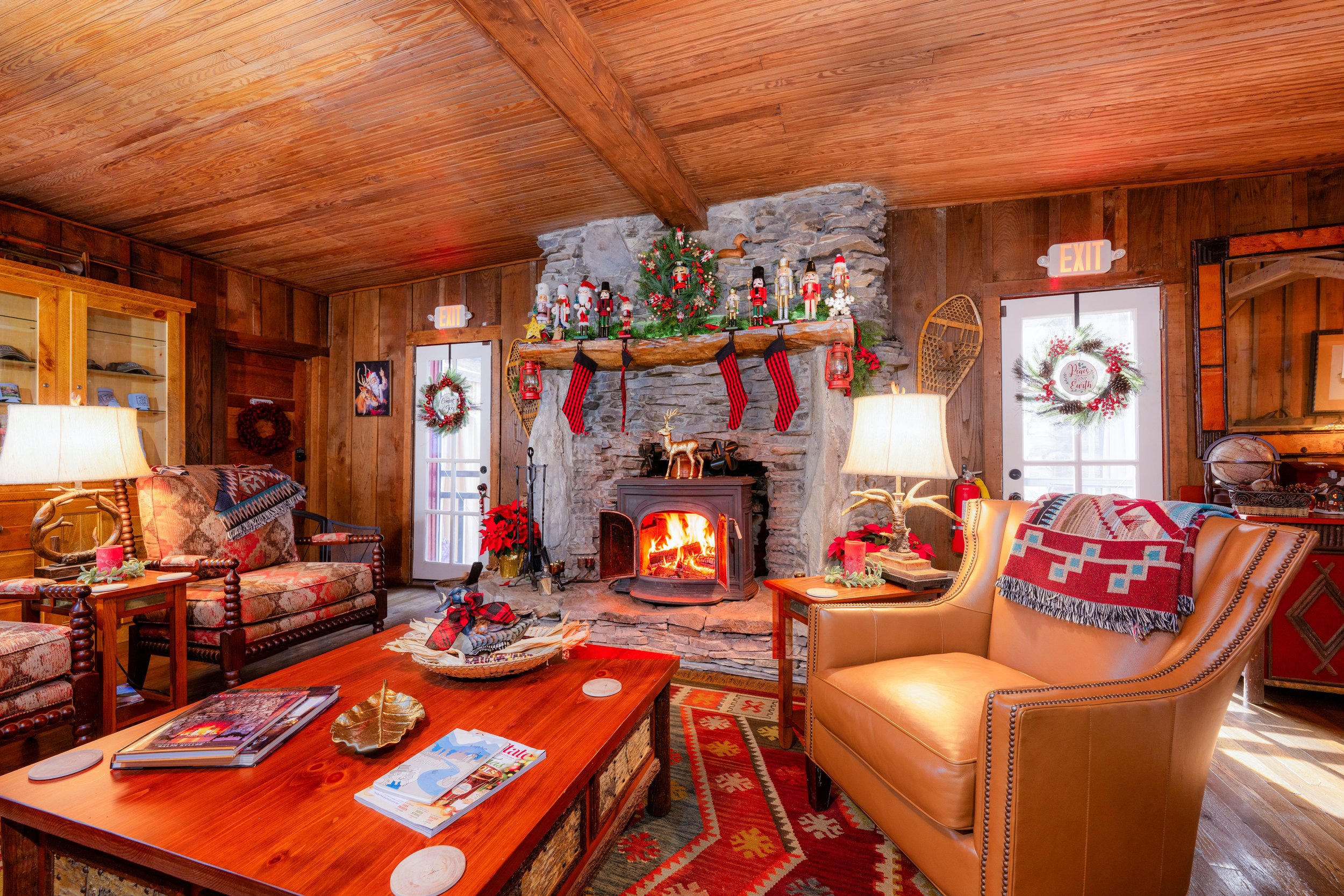 Christmas Interior with fire in the fireplace