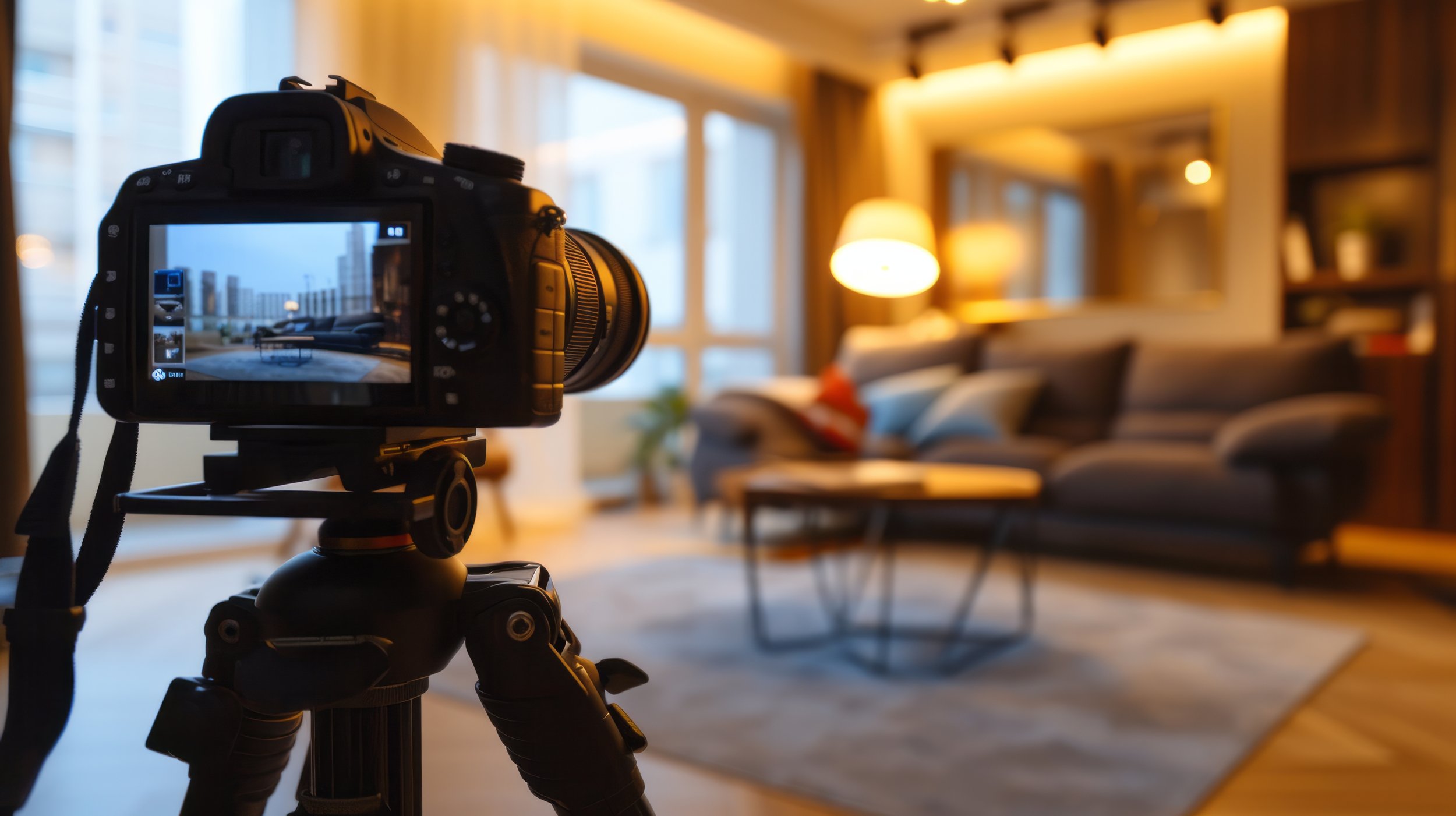 Camera on tripod capturing a cozy living room with a dark gray sofa, a coffee table, a floor lamp, and a large window allowing natural light in.