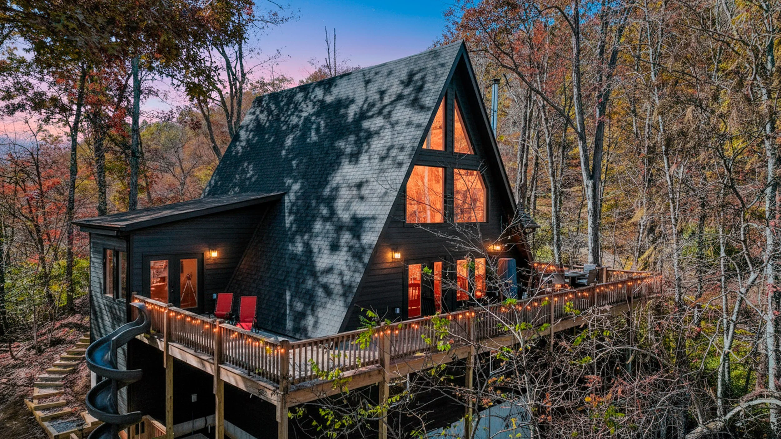 Virtual Dusk Image of a beautiful A Frame Home