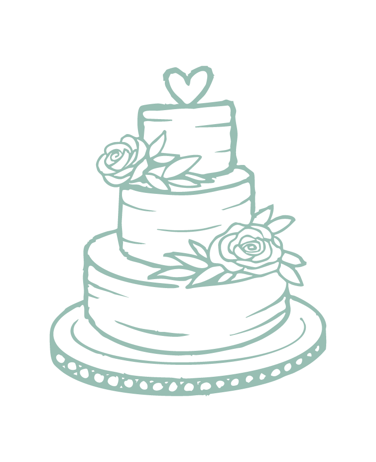 Outline drawing of a three-tiered wedding cake decorated with roses and leaves, topped with a heart