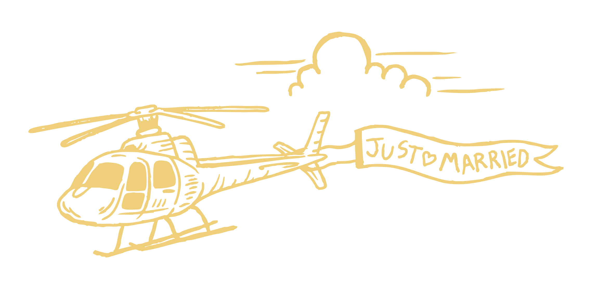 Gold illustration of a helicopter with a banner that reads 'Just Married' trailing from the tail, set against a black background.