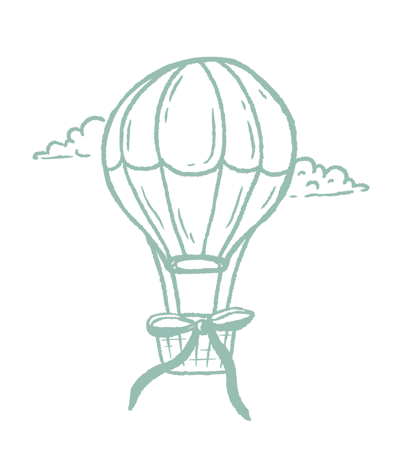 Sketch of a hot air balloon with clouds in the background.